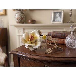 Vintage Capodimonte Style Porcelain Yellow Rose Figurine Brass Stem 6" Decor